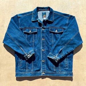 Mens vintage 80s thick deep blue denim wide boxy fit jacket buttons collar kanye